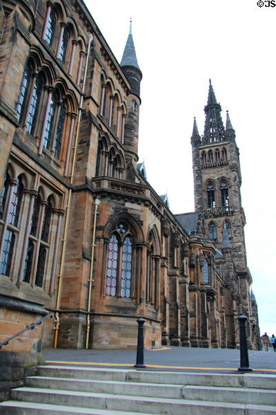 Gilbert Scott Building (1870) with tower (1887-91) atop Gilmorehill at University of Glasgow. Glasgow, Scotland. Architect: George Gilbert Scott & J Oldrid Scott.