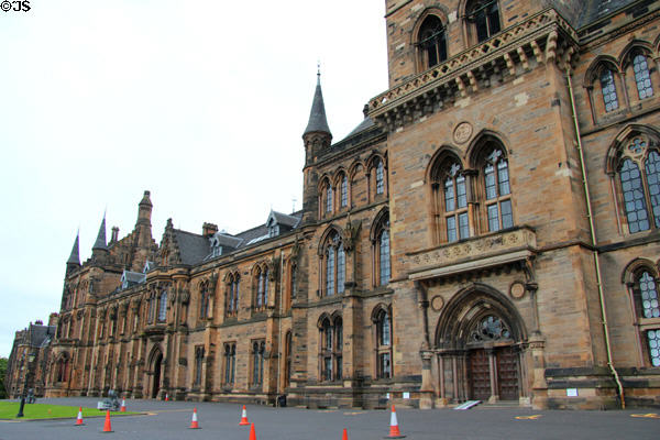 Gothic facade of Gilbert Scott Building (1870) at University of Glasgow. Glasgow, Scotland.