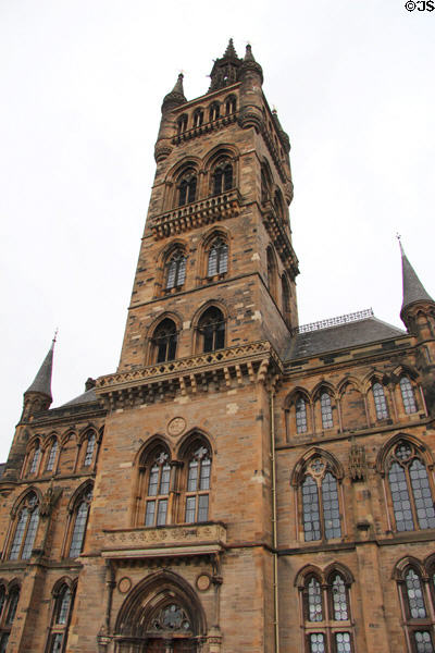Tower & spire of Gilbert Scott Building (1887-91) at University of Glasgow. Glasgow, Scotland. Architect: J Oldrid Scott.