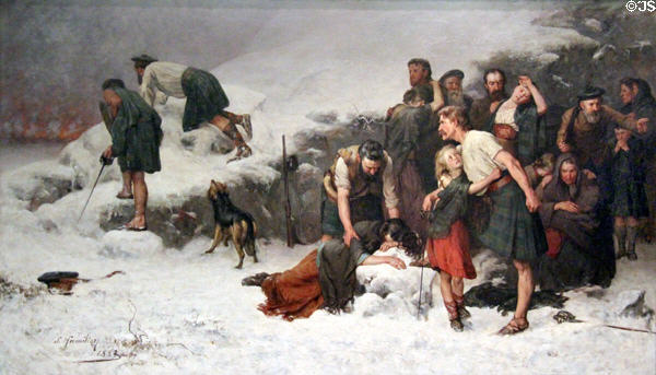 Massacre of Glen Coe (Glencoe) of 1692 painting (1883-6) by James Hamilton at Kelvingrove Art Gallery. Glasgow, Scotland.