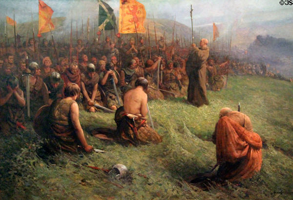 Bannockburn battle in 1314 under Robert the Bruce painting (1914-5) by John Hassall at Kelvingrove Art Gallery. Glasgow, Scotland.