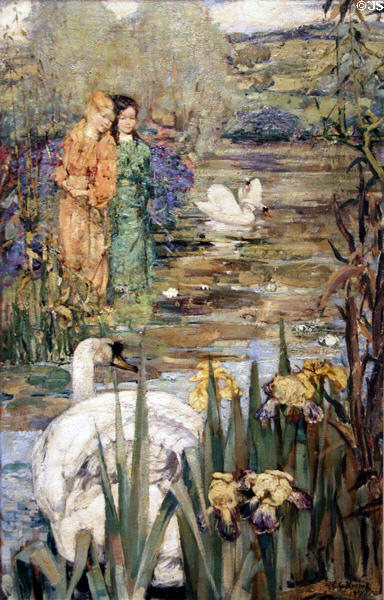 The Swans painting (1899) by Edward Atkinson Hornel of Glasgow Boys at Kelvingrove Art Gallery. Glasgow, Scotland.