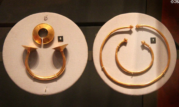 Gold ornaments (1500-700 BCE) from Scotland at Kelvingrove Art Gallery. Glasgow, Scotland.
