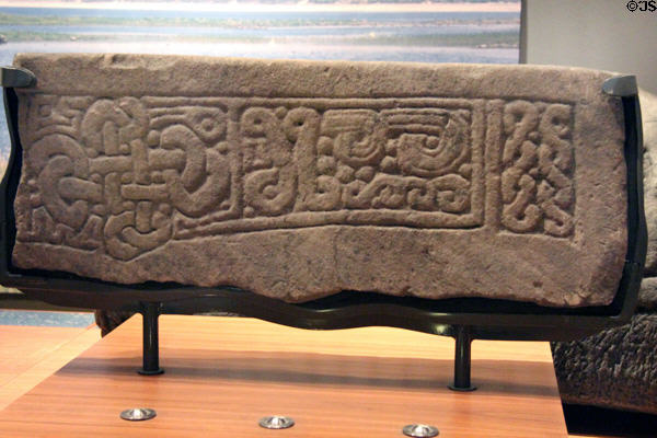 Viking-style carved lintel stone (10th C or later) from Millport, Cumbrae, Scotland at Kelvingrove Art Gallery. Glasgow, Scotland.