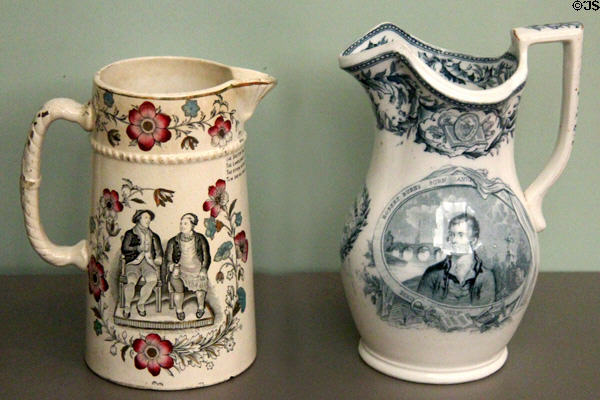 Pottery jugs celebrating Robert Burns literary characters plus centenary (1859) of birth of Robert Burns at Kelvingrove Art Gallery. Glasgow, Scotland.