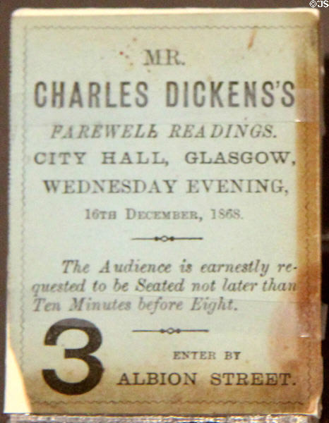 Paper ticket to farewell readings by Charles Dickens in Glasgow (1868) at Kelvingrove Art Gallery. Glasgow, Scotland.