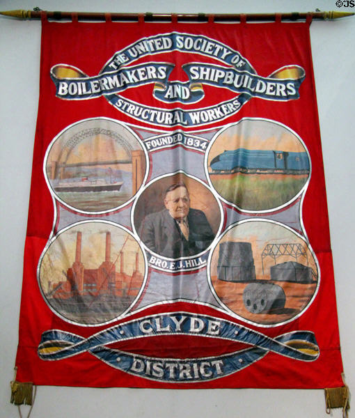 Trade union banner for United Society of Boilermakers, Shipbuilders & Structural Workers (late 1950s) from Glasgow at Kelvingrove Art Gallery. Glasgow, Scotland.