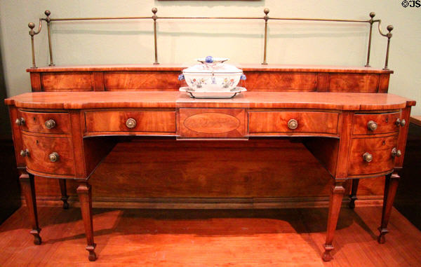 Mahogany sideboard (c1800) made in Scotland with tureen (c1750-75) by Delftfield Pottery of Glasgow at Kelvingrove Art Gallery. Glasgow, Scotland.