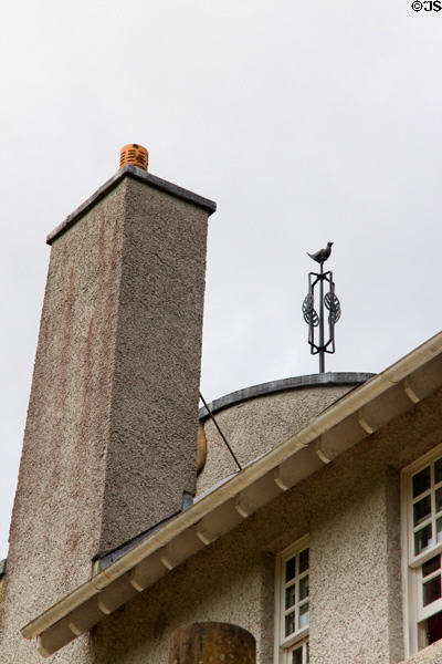Metal finial with roundels & bird atop House for an Art Lover. Glasgow, Scotland.