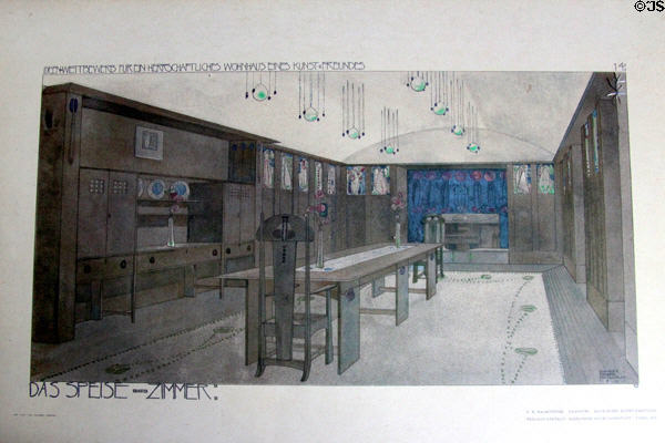 Drawing for dining room of House for an Art Lover entered in German competition (1901) by Charles Rennie Mackintosh. Glasgow, Scotland.