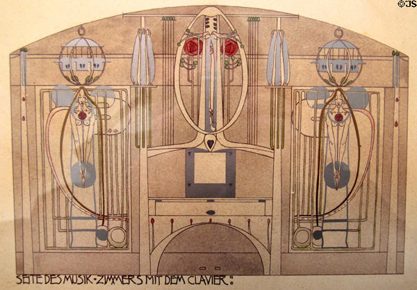 Drawing for music room of House for an Art Lover entered in German competition (1901) by Charles Rennie Mackintosh. Glasgow, Scotland.