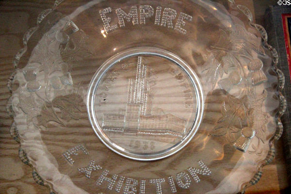 Empire Exhibition souvenir glass plate (1938) in Heritage Centre in Bellahouston Park. Glasgow, Scotland.