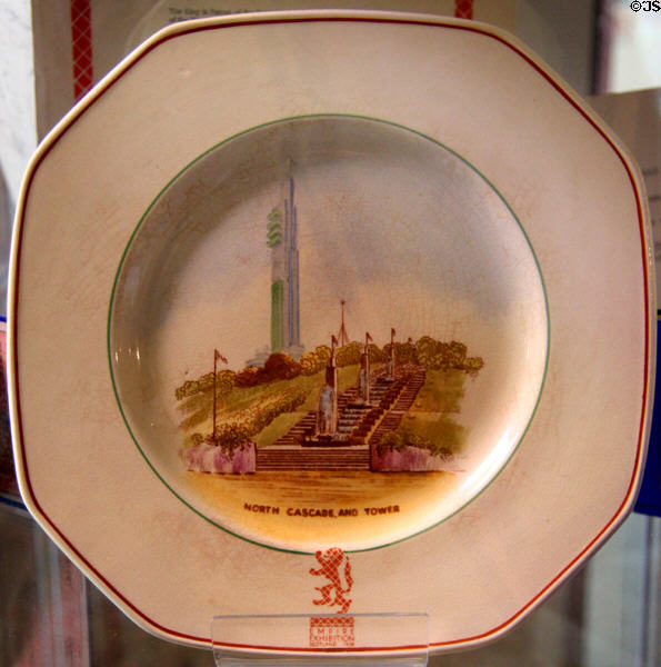Empire Exhibition souvenir ceramic plate with North Cascade & Tower (1938) in Heritage Centre in Bellahouston Park. Glasgow, Scotland.