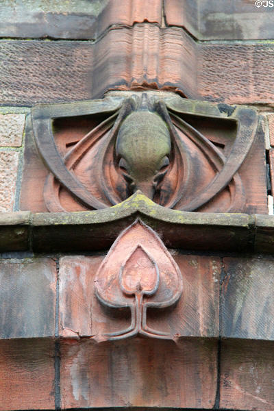 Nature-themed stone carving in Mackintosh-style at Mackintosh Church. Glasgow, Scotland.