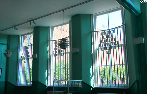 Mackintosh designed window bars with square panels at Scotland Street School. Glasgow, Scotland.