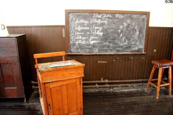 Blackboard & teacher's desk in Victorian classroom at Scotland Street School Museum. Glasgow, Scotland.
