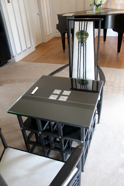Ebonized cube table & armchairs (1904) by C.R. Mackintosh in drawing room at Hill House. Helensburgh, Scotland.