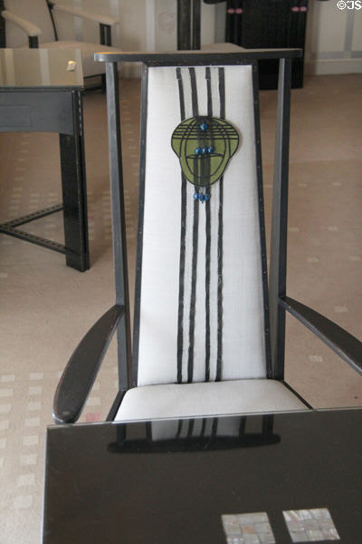 Armchairs (1904) by C.R. Mackintosh with antimacassars by Margaret Mackintosh in drawing room at Hill House. Helensburgh, Scotland.