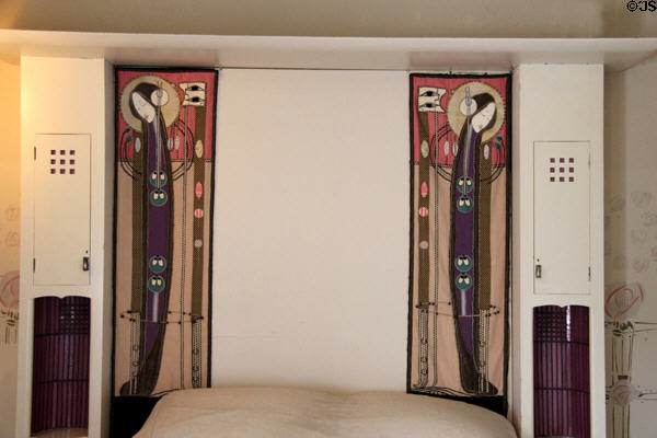 Replicas of embroidered silk panels by Margaret Macdonald in main bedroom at Hill House. Helensburgh, Scotland.