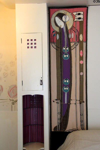 Replica of embroidered silk panel by Margaret Macdonald & other details of C.R. Mackintosh's designs in main bedroom at Hill House. Helensburgh, Scotland.