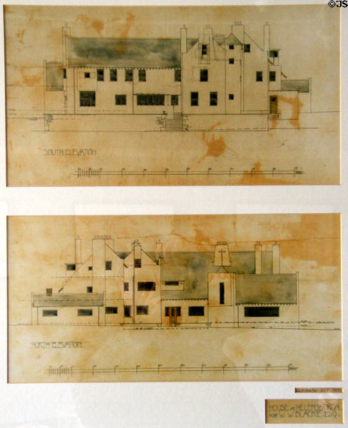House at Helensburgh for W.W. Blackie, Esq. exterior elevation drawings (1902) by C.R. Mackintosh at Hill House. Helensburgh, Scotland.