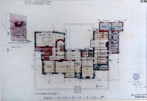 Hill House ground floor plan drawing (1902) by C.R. Mackintosh at Hill House. Helensburgh, Scotland.