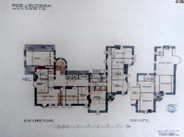 Hill House first floor plan drawing (1902) by C.R. Mackintosh at Hill House. Helensburgh, Scotland.