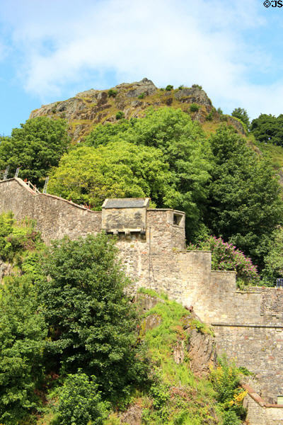 Walls defending British Dumbarton Castle on Rock of the Clyde (Alt Clut). Glasgow, Scotland.