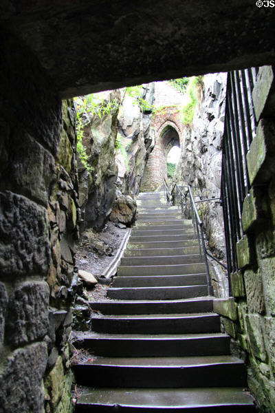 Steps from Guardhouse to Portcullis Arch (14thC) at Dumbarton Castle. Glasgow, Scotland.