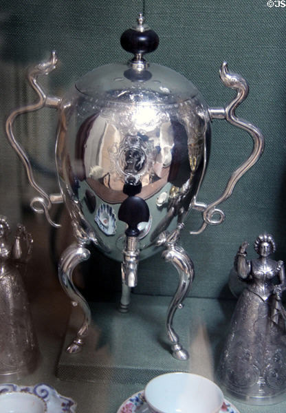 Sterling silver George II oviform hot water urn (c1773) by James Kerr of Edinburgh at Pollok House. Glasgow, Scotland.