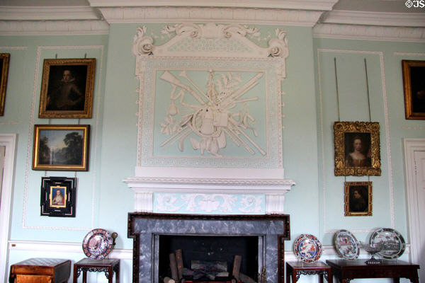 Drawing room fireplace area with stucco work (1750s) by Thomas Clayton after Parisian pattern book at Pollok House. Glasgow, Scotland.