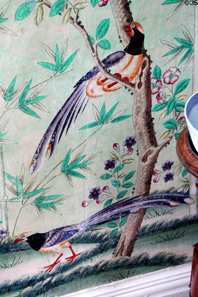 Detail of Chinese wallpaper (c1800) in Kier bedroom at Pollok House. Glasgow, Scotland.