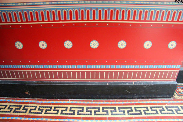 Entrance hall stenciled wall & tile floor with Greek themes at Holmwood. Glasgow, Scotland.