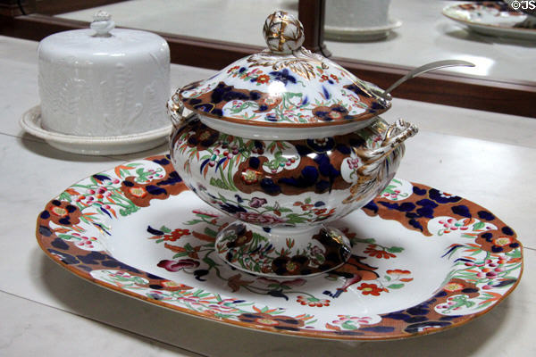 Porcelain soup tureen on charger in dining room at Holmwood. Glasgow, Scotland.