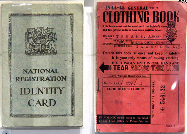 WWII British ration book for clothing & National Registration Identity Card at Tenement House museum. Glasgow, Scotland.