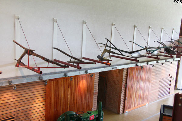 Collection of simple ploughs at National Museum of Rural Life. Kittochside, Scotland.