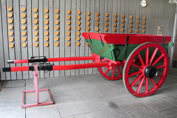 Horse-drawn coup (tilt up ) cart at National Museum of Rural Life. Kittochside, Scotland.