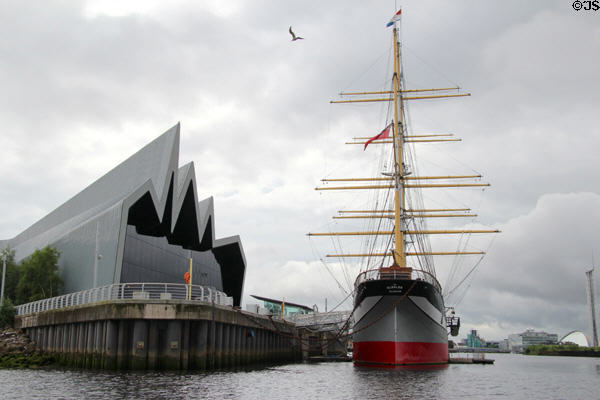 Riverside Museum (2011) & Glenlee Tall Ship (1896) on River Clyde. Glasgow, Scotland.