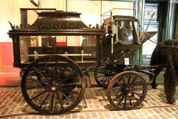 Horse drawn hearse (c1875) at Riverside Museum. Glasgow, Scotland.