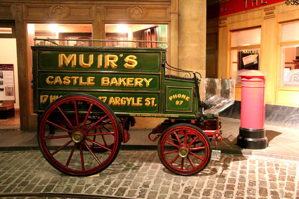 Closed bakery van (c1910) by Barrie at Riverside Museum. Glasgow, Scotland.