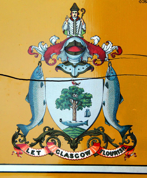 City crest on Glasgow Corporation Tramways car 672 (1898) at Riverside Museum. Glasgow, Scotland.