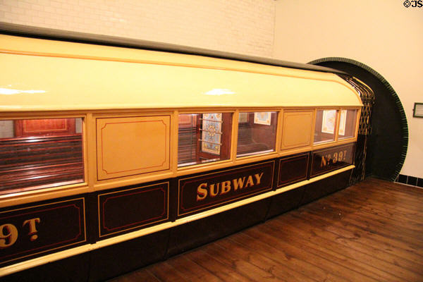 Model of Glasgow & District Subway car from 1896 at Riverside Museum. Glasgow, Scotland.
