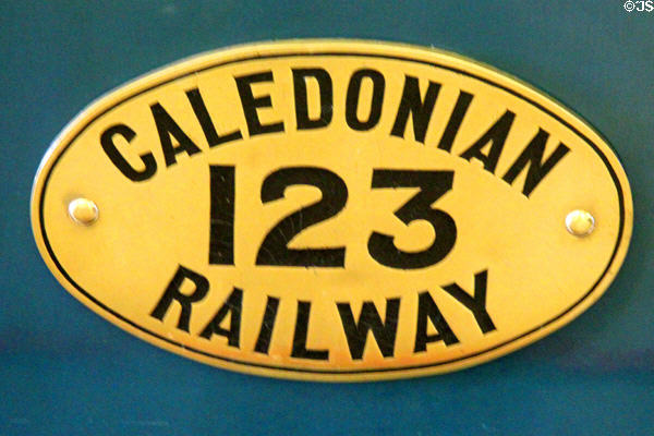 ID plate of Caledonian Railway locomotive no. 123 (1886) by Neilson & Co. of Glasgow at Riverside Museum. Glasgow, Scotland.