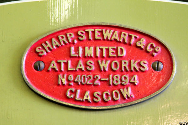 ID plate of Highland Railway locomotive no. 103 (1894) by Sharp Stewart of Glasgow at Riverside Museum. Glasgow, Scotland.