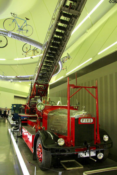 Turntable ladder fire engine (c1940) by Dennis-Merryweather of Glasgow at Riverside Museum. Glasgow, Scotland.