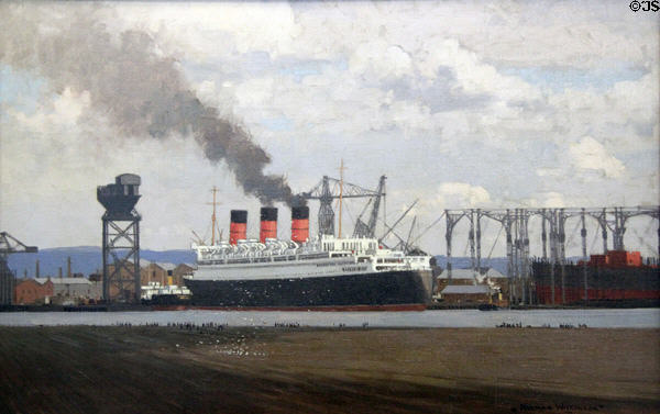 Fitting Out of Queen Mary sailing from Clydebank ship yards painting (1936) by Norman Wilkinson at Riverside Museum. Glasgow, Scotland.