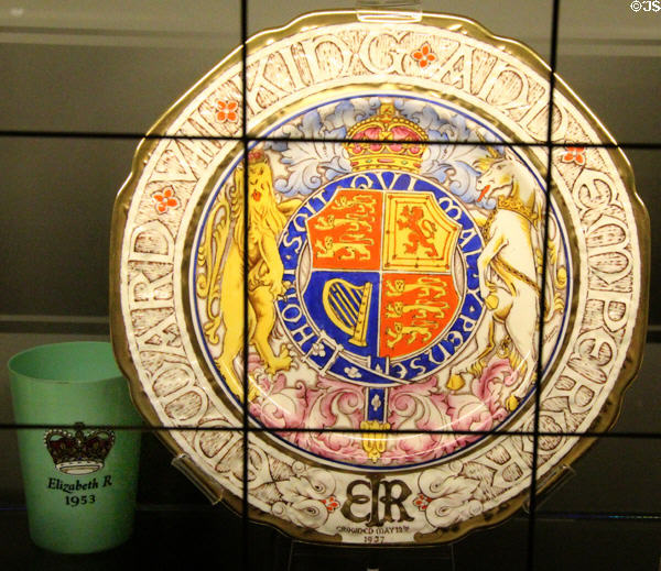 Royal souvenirs for Elizabeth (1953) & plate for Edward VIII (1937) who abdicated before coronation at Riverside Museum. Glasgow, Scotland.