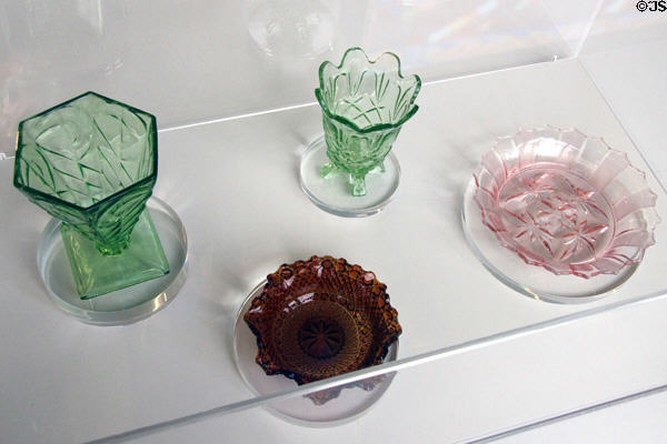 Carnival glass dish prizes at Riverside Museum. Glasgow, Scotland.