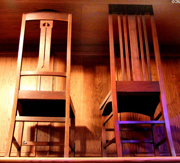 Side chairs in Glasgow Style (1901) by EA Taylor for Wylie & Lochhead of Glasgow at Riverside Museum. Glasgow, Scotland.