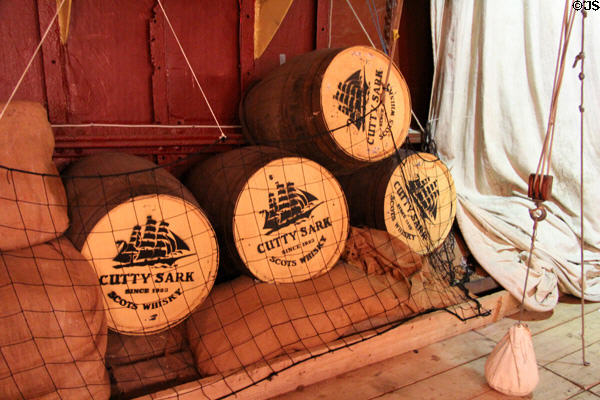 Cutty Sark whisky barrels aboard Glenlee Tall Ship. Glasgow, Scotland.